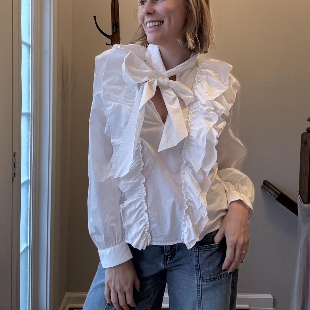 Zara White Ruffled Tie-Neck Blouse